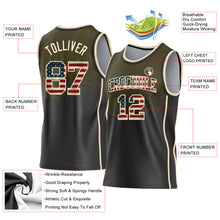 Загрузить изображение в средство просмотра галереи, Custom Olive Vintage USA Flag Black-Cream Shattered Geometric Side Panel Stripe Round Neck Sublimation Basketball Set Jersey
