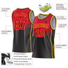Load image into Gallery viewer, Custom Red Black-Gold Shattered Geometric Side Panel Stripe Round Neck Sublimation Basketball Set Jersey
