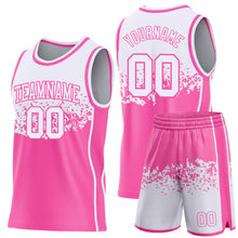 Load image into Gallery viewer, Custom White-Pink Shattered Geometric Side Panel Stripe Round Neck Sublimation Basketball Set Jersey
