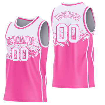 Custom White-Pink Shattered Geometric Side Panel Stripe Round Neck Sublimation Basketball Set Jersey