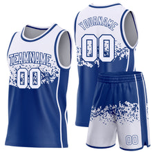 Load image into Gallery viewer, Custom White-Royal Shattered Geometric Side Panel Stripe Round Neck Sublimation Basketball Set Jersey
