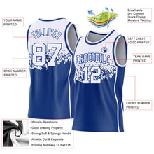 Load image into Gallery viewer, Custom White-Royal Shattered Geometric Side Panel Stripe Round Neck Sublimation Basketball Set Jersey

