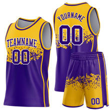 Laden Sie das Bild in den Galerie-Viewer, Custom Gold Purple-White Shattered Geometric Side Panel Stripe Round Neck Sublimation Basketball Set Jersey
