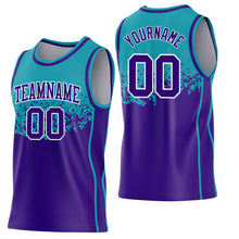 Загрузить изображение в средство просмотра галереи, Custom Teal Purple-White Shattered Geometric Side Panel Stripe Round Neck Sublimation Basketball Set Jersey
