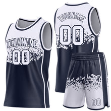 Load image into Gallery viewer, Custom White-Navy Shattered Geometric Side Panel Stripe Round Neck Sublimation Basketball Set Jersey
