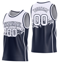 Load image into Gallery viewer, Custom White-Navy Shattered Geometric Side Panel Stripe Round Neck Sublimation Basketball Set Jersey
