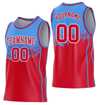 Custom Powder Blue Red-White Shattered Geometric Side Panel Stripe Round Neck Sublimation Basketball Set Jersey