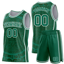 Laden Sie das Bild in den Galerie-Viewer, Custom Kelly Green-White Tribal Ethnic Aztec Sun Stone Side Panel Stripe Round Neck Sublimation Basketball Set Jersey
