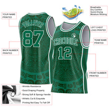 Laden Sie das Bild in den Galerie-Viewer, Custom Kelly Green-White Tribal Ethnic Aztec Sun Stone Side Panel Stripe Round Neck Sublimation Basketball Set Jersey
