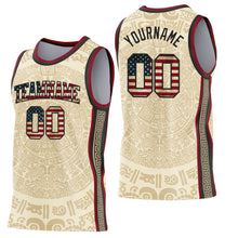 Laden Sie das Bild in den Galerie-Viewer, Custom Cream Vintage USA Flag Black-Maroon Tribal Ethnic Aztec Sun Stone Side Panel Stripe Round Neck Sublimation Basketball Set Jersey
