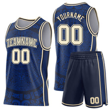 Laden Sie das Bild in den Galerie-Viewer, Custom Royal Cream-Navy Tribal Ethnic Aztec Sun Stone Side Panel Stripe Round Neck Sublimation Basketball Set Jersey
