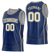 Laden Sie das Bild in den Galerie-Viewer, Custom Royal Cream-Navy Tribal Ethnic Aztec Sun Stone Side Panel Stripe Round Neck Sublimation Basketball Set Jersey
