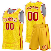 Laden Sie das Bild in den Galerie-Viewer, Custom Gold Red-White Tribal Ethnic Aztec Sun Stone Side Panel Stripe Round Neck Sublimation Basketball Set Jersey
