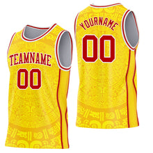 Laden Sie das Bild in den Galerie-Viewer, Custom Gold Red-White Tribal Ethnic Aztec Sun Stone Side Panel Stripe Round Neck Sublimation Basketball Set Jersey

