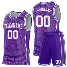Load image into Gallery viewer, Custom Purple-White Tribal Ethnic Aztec Sun Stone Side Panel Stripe Round Neck Sublimation Basketball Set Jersey
