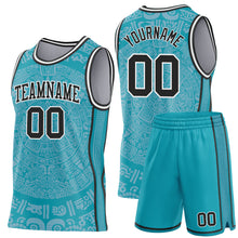 Load image into Gallery viewer, Custom Teal Black-White Tribal Ethnic Aztec Sun Stone Side Panel Stripe Round Neck Sublimation Basketball Set Jersey
