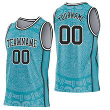 Load image into Gallery viewer, Custom Teal Black-White Tribal Ethnic Aztec Sun Stone Side Panel Stripe Round Neck Sublimation Basketball Set Jersey
