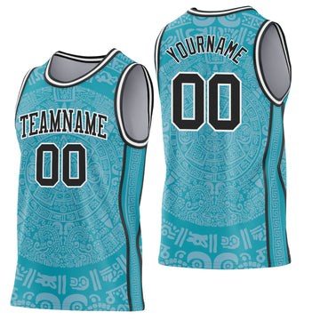 Custom Teal Black-White Tribal Ethnic Aztec Sun Stone Side Panel Stripe Round Neck Sublimation Basketball Set Jersey