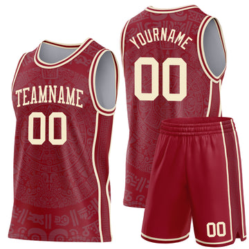 Custom Maroon-Cream Tribal Ethnic Aztec Sun Stone Side Panel Stripe Round Neck Sublimation Basketball Set Jersey
