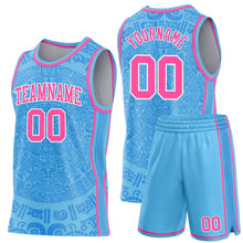 Загрузить изображение в средство просмотра галереи, Custom Sky Blue Pink-White Tribal Ethnic Aztec Sun Stone Side Panel Stripe Round Neck Sublimation Basketball Set Jersey
