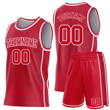 Load image into Gallery viewer, Custom Red-White Tribal Ethnic Aztec Sun Stone Side Panel Stripe Round Neck Sublimation Basketball Set Jersey
