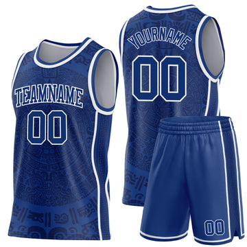 Custom Royal-White Tribal Ethnic Aztec Sun Stone Side Panel Stripe Round Neck Sublimation Basketball Set Jersey