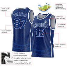 Laden Sie das Bild in den Galerie-Viewer, Custom Royal-White Tribal Ethnic Aztec Sun Stone Side Panel Stripe Round Neck Sublimation Basketball Set Jersey
