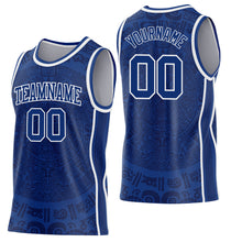 Laden Sie das Bild in den Galerie-Viewer, Custom Royal-White Tribal Ethnic Aztec Sun Stone Side Panel Stripe Round Neck Sublimation Basketball Set Jersey
