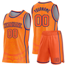 Load image into Gallery viewer, Custom Orange-Royal Tribal Ethnic Aztec Sun Stone Side Panel Stripe Round Neck Sublimation Basketball Set Jersey
