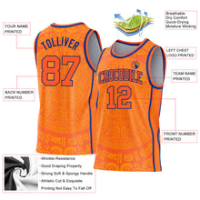 Load image into Gallery viewer, Custom Orange-Royal Tribal Ethnic Aztec Sun Stone Side Panel Stripe Round Neck Sublimation Basketball Set Jersey
