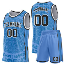 Laden Sie das Bild in den Galerie-Viewer, Custom Light Blue Black-White Tribal Ethnic Aztec Sun Stone Side Panel Stripe Round Neck Sublimation Basketball Set Jersey
