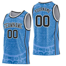 Laden Sie das Bild in den Galerie-Viewer, Custom Light Blue Black-White Tribal Ethnic Aztec Sun Stone Side Panel Stripe Round Neck Sublimation Basketball Set Jersey

