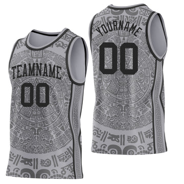 Custom Gray-Black Tribal Ethnic Aztec Sun Stone Side Panel Stripe Round Neck Sublimation Basketball Set Jersey