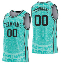 Load image into Gallery viewer, Custom Ice Blue-Black Tribal Ethnic Aztec Sun Stone Side Panel Stripe Round Neck Sublimation Basketball Set Jersey
