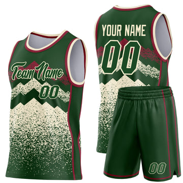 Custom Green Cream-Crimson Mountain Peak Shards Side Panel Stripe Round Neck Sublimation Basketball Set Jersey