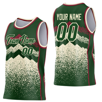 Custom Green Cream-Crimson Mountain Peak Shards Side Panel Stripe Round Neck Sublimation Basketball Set Jersey