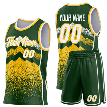 Custom Green White-Gold Mountain Peak Shards Side Panel Stripe Round Neck Sublimation Basketball Set Jersey