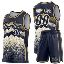 Load image into Gallery viewer, Custom Navy Cream-Old Gold Mountain Peak Shards Side Panel Stripe Round Neck Sublimation Basketball Set Jersey

