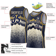 Load image into Gallery viewer, Custom Navy Cream-Old Gold Mountain Peak Shards Side Panel Stripe Round Neck Sublimation Basketball Set Jersey
