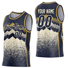 Load image into Gallery viewer, Custom Navy Cream-Old Gold Mountain Peak Shards Side Panel Stripe Round Neck Sublimation Basketball Set Jersey
