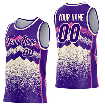 Custom Purple Cream-Pink Mountain Peak Shards Side Panel Stripe Round Neck Sublimation Basketball Set Jersey