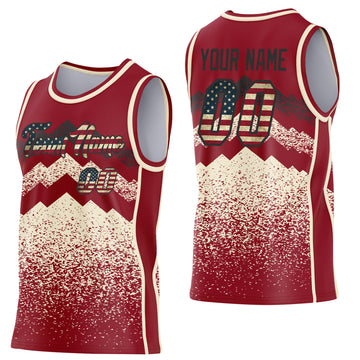 Custom Maroon Vintage USA Flag Cream-Black Mountain Peak Shards Side Panel Stripe Round Neck Sublimation Basketball Set Jersey