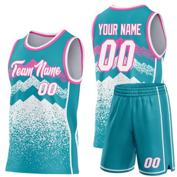 Custom Teal White-Pink Mountain Peak Shards Side Panel Stripe Round Neck Sublimation Basketball Set Jersey