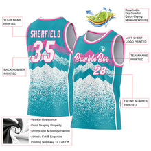 Load image into Gallery viewer, Custom Teal White-Pink Mountain Peak Shards Side Panel Stripe Round Neck Sublimation Basketball Set Jersey
