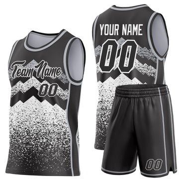 Custom Black White-Gray Mountain Peak Shards Side Panel Stripe Round Neck Sublimation Basketball Set Jersey