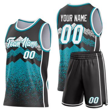 Custom Black White-Teal Mountain Peak Shards Side Panel Stripe Round Neck Sublimation Basketball Set Jersey