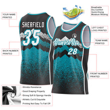 Laden Sie das Bild in den Galerie-Viewer, Custom Black White-Teal Mountain Peak Shards Side Panel Stripe Round Neck Sublimation Basketball Set Jersey

