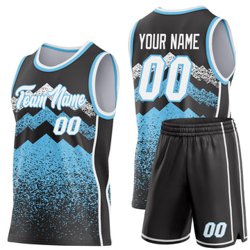 Custom Black White-Sky Blue Mountain Peak Shards Side Panel Stripe Round Neck Sublimation Basketball Set Jersey