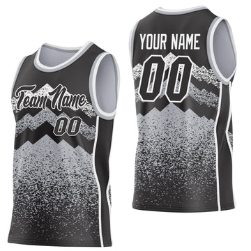 Custom Black Gray-White Mountain Peak Shards Side Panel Stripe Round Neck Sublimation Basketball Set Jersey