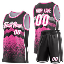 Laden Sie das Bild in den Galerie-Viewer, Custom Black White-Pink Mountain Peak Shards Side Panel Stripe Round Neck Sublimation Basketball Set Jersey
